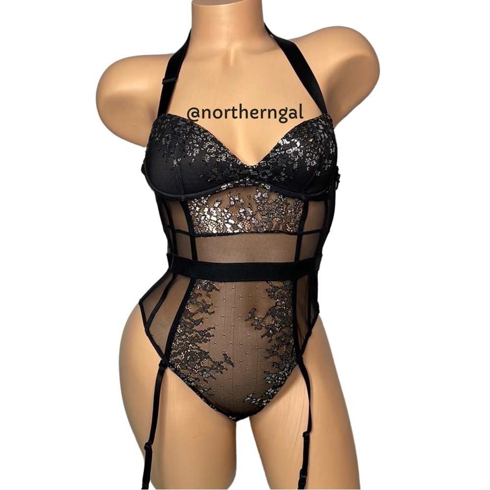 Victoria's Secret Shine Lace Halter Teddy Black
